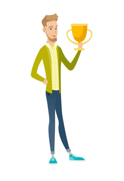 Young caucasian businessman holding a trophy. — Stock Vector