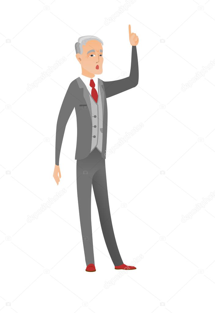 Businessman with open mouth pointing finger up.