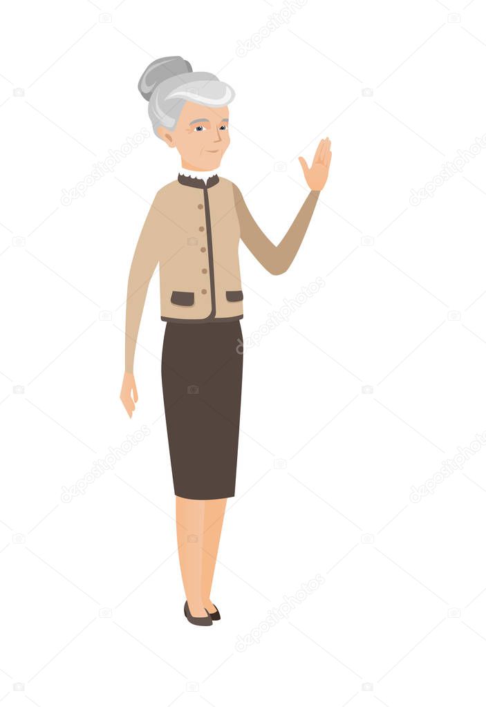 Senior caucasian business woman waving hand.