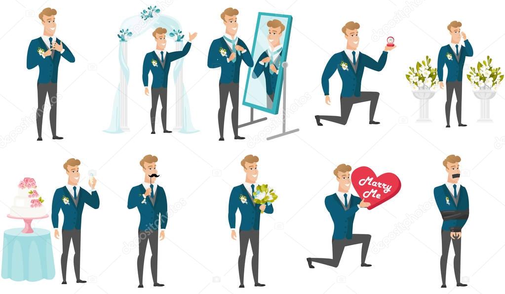 Young caucasian groom vector illustrations set.