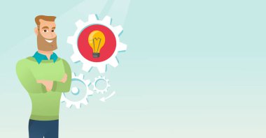 Beyaz adamla iş fikir ampul dişli