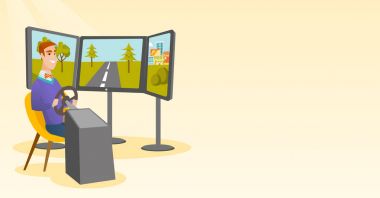 Beyaz adam oyun tekerleği ile bilgisayar oyunu oynamak