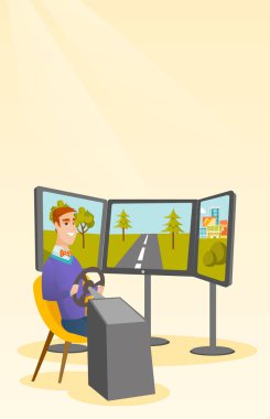 Beyaz adam oyun tekerleği ile bilgisayar oyunu oynamak