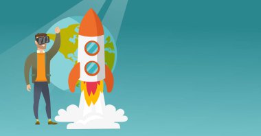 Beyaz adam açık alanda uçan vr kulaklık.