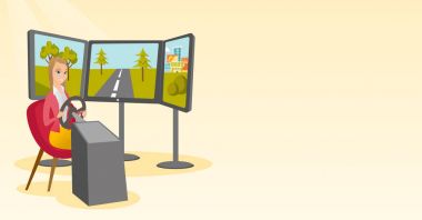 Genç kadın oyun tekerleği ile bilgisayar oyunu oynamak.