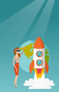 Açık alanda uçan vr kulaklık beyaz kadın