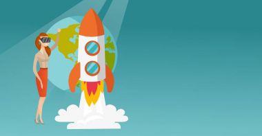 Açık alanda uçan vr kulaklık beyaz kadın