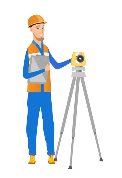 Caucasian surveyor builder working with theodolite — Stock Vector