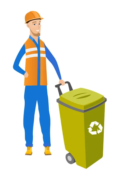 Young caucasian builder pushing recycle bin. — Stock Vector