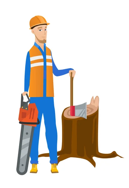 Young caucasian lumberjack with chainsaw. — Stock Vector