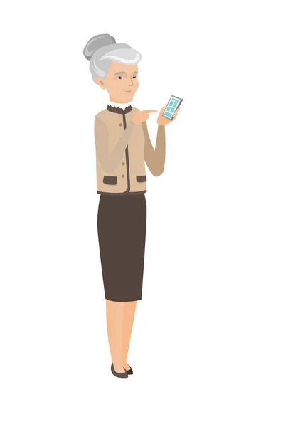 Donna d'affari caucasica con cellulare in mano . — Vettoriale Stock