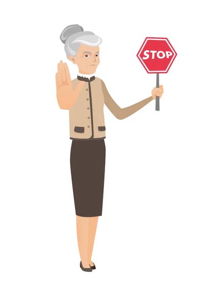 Biznes kaukaski kobieta trzyma znak stop. — Wektor stockowy