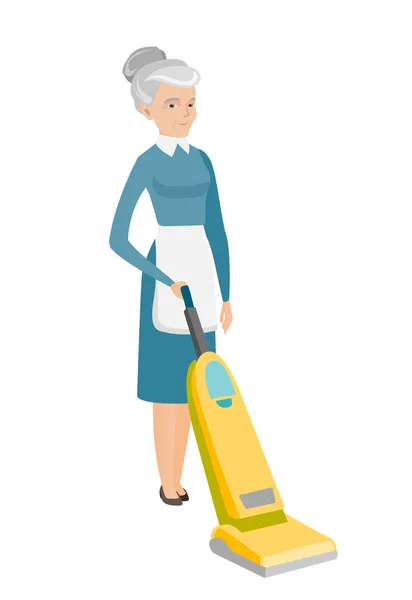 Καμαριέρα καθαρίζοντας πάτωμα με μια ηλεκτρική σκούπα. — Διανυσματικό Αρχείο
