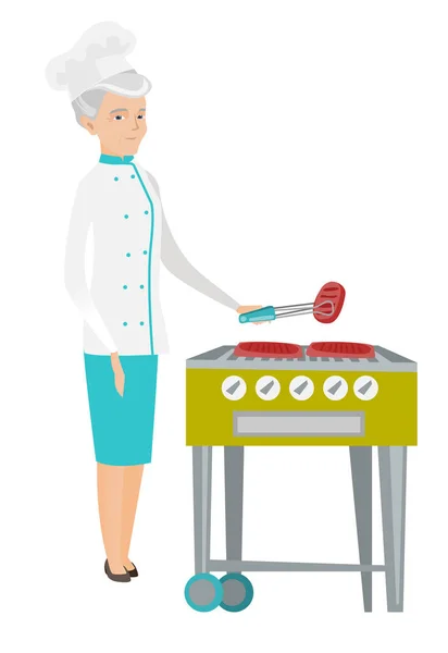 Caucasian chef cooking steak on barbecue grill. — Stock Vector