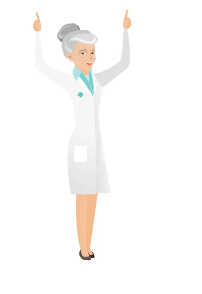 Caucasian doctor standing with raised arms up. — Stock Vector