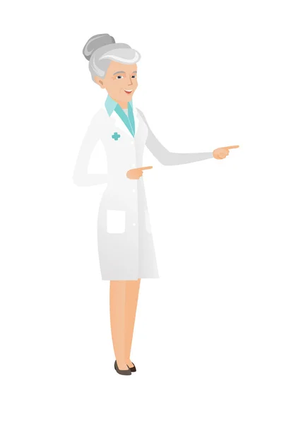 Senior caucasian doctor pointing to the side — Stock Vector