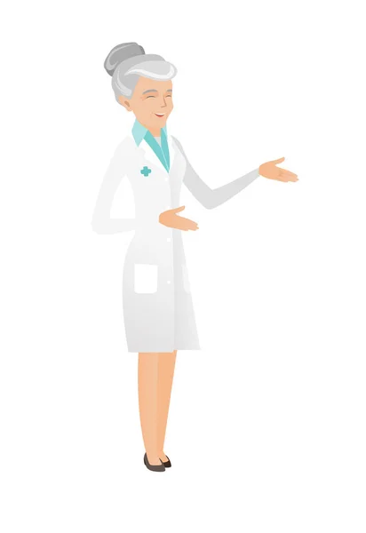 Senior caucásico feliz doctor gesticulating . — Vector de stock