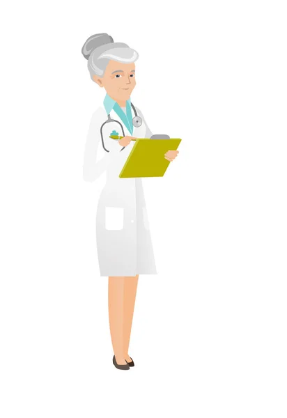 Caucasian doctor holding clipboard with documents. — Stock Vector