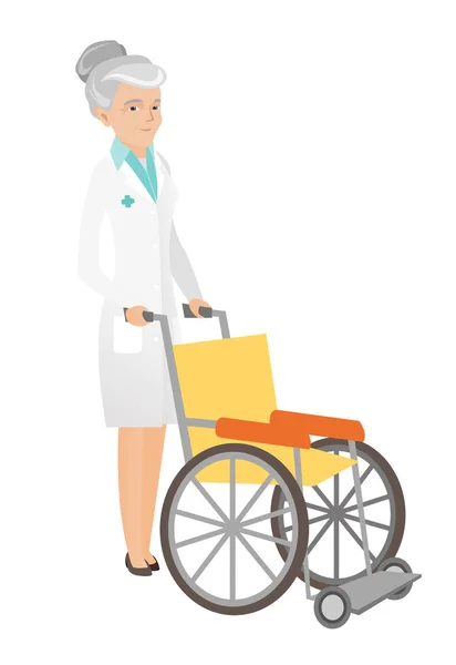 Ανώτερος Καυκάσιος γιατρός πιέζει με αναπηρικό καροτσάκι. — Διανυσματικό Αρχείο
