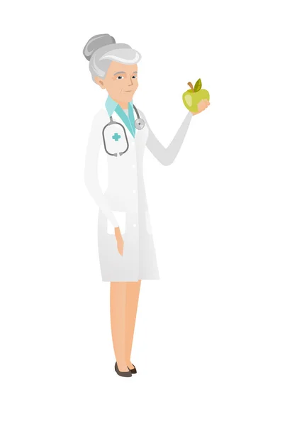 Καυκάσιος διατροφολόγος προσφέρουν φρέσκο κόκκινο μήλο. — Διανυσματικό Αρχείο