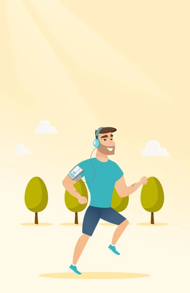 Joven corriendo con auriculares y smartphone . — Vector de stock