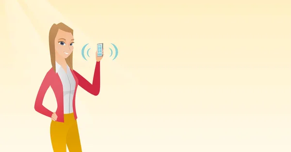 Καυκάσιος γυναίκα κρατώντας το κουδούνισμα κινητό τηλέφωνο — Διανυσματικό Αρχείο