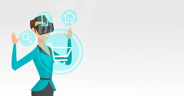 Mulher em realidade virtual headset compras online . —  Vetores de Stock