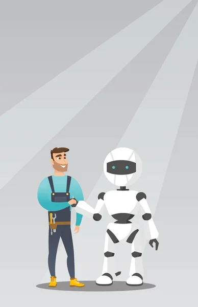 Jeune homme caucasien poignée de main avec robot . — Image vectorielle