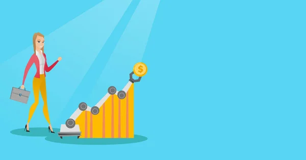 Frau blickt mit Roboterarm auf Gewinndiagramm. — Stockvektor
