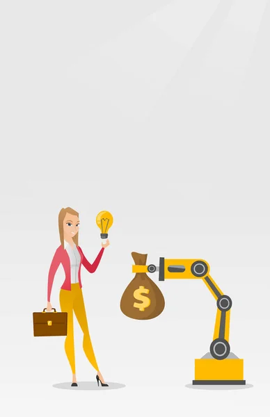 Mujer vendiendo idea de ingeniería de mano robótica . — Vector de stock