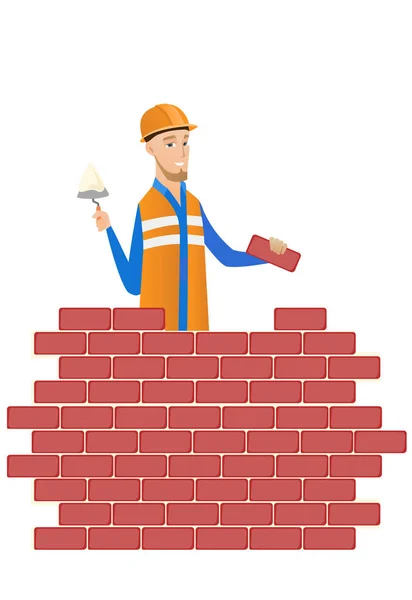 Young bricklayer working with spatula and brick. — Stock Vector