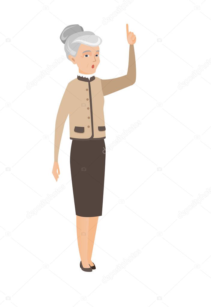 Business woman with open mouth pointing finger up.