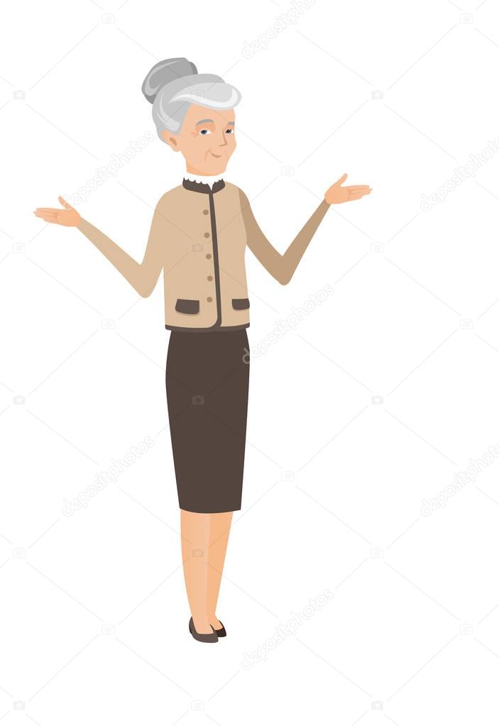 Caucasian confused business woman with spread arms