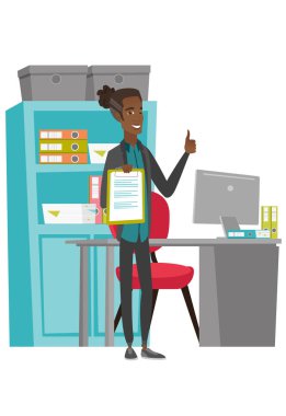 Başparmak pes pano ile genç ofis çalışanı