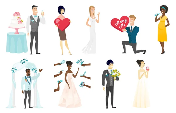Bruid en bruidegom vector illustraties set. — Stockvector