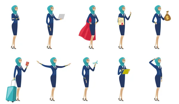 Young muslim stewardess vector ilustrasi ditetapkan . - Stok Vektor