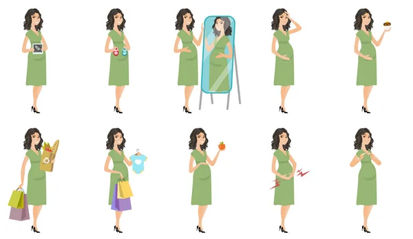 Caucásico embarazada mujer vector ilustraciones conjunto . — Vector de stock