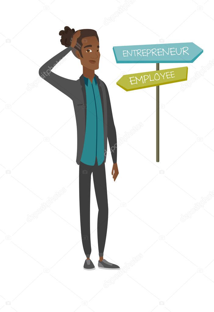Confused african man choosing career pathway.