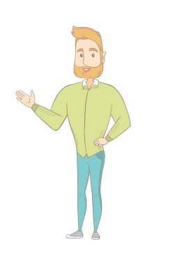 Hoş bir jest olarak dışarı kollu hippi adam.