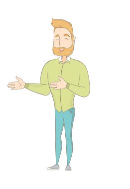 Genç Beyaz mutlu hippi adam el hareketi.