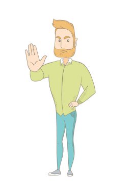 Palm el gösterilen genç beyaz hippi adam.