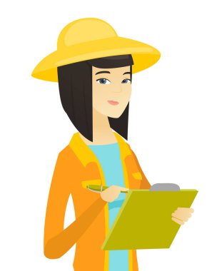 Genç Asyalı çiftçi panosuna yazma.