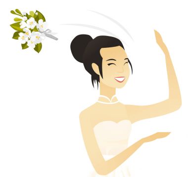 Bir buket çiçek savurma genç Asyalı gelin.