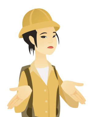 Omuzlarında shrugging genç Asya seyahat.