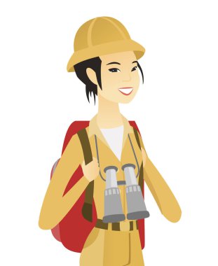 Sırt çantası ve dürbün ile genç Asya seyahat.