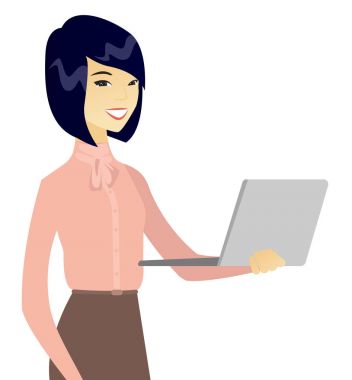 Bir dizüstü bilgisayar kullanan genç Asya iş kadın.