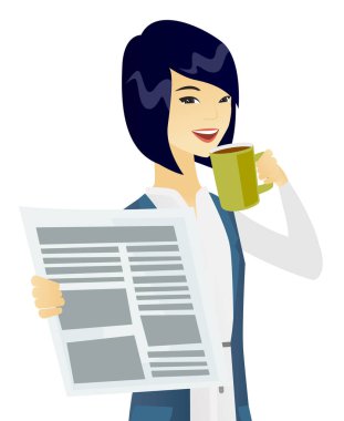 Asyalı kadın kahve içme ve gazete okuma.