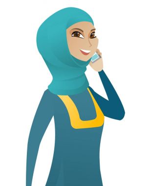 Bir cep telefonu üzerinde konuşurken Müslüman iş kadını.