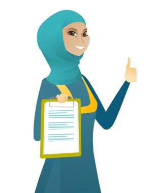 İş kadını başparmak pes pano ile.