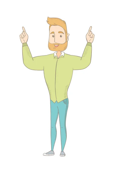 Caucasian hippie man standing with raised arms. — Stock Vector